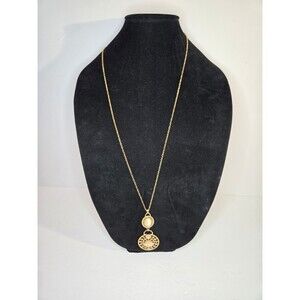 Gold Tone Necklace Long with Circular Pendant Beige Cabachon